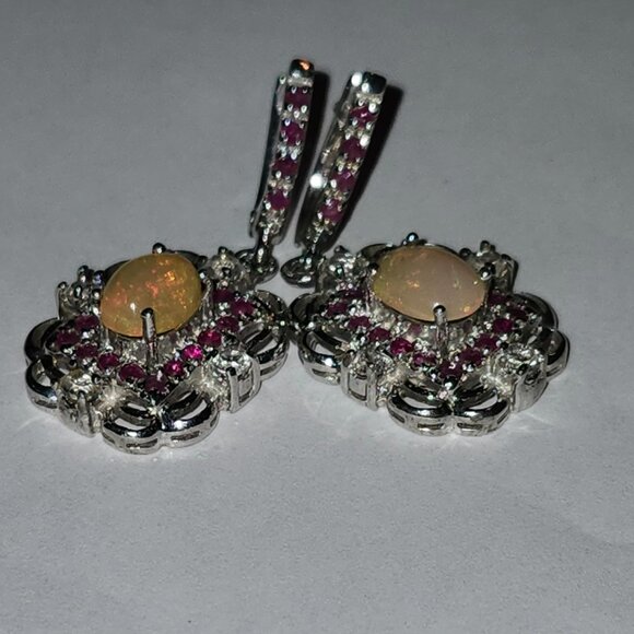 925 Sterling Silver Floral Fire Opal/Ruby/Blue Topaz Centre Earrings Value $655 - Picture 3 of 6